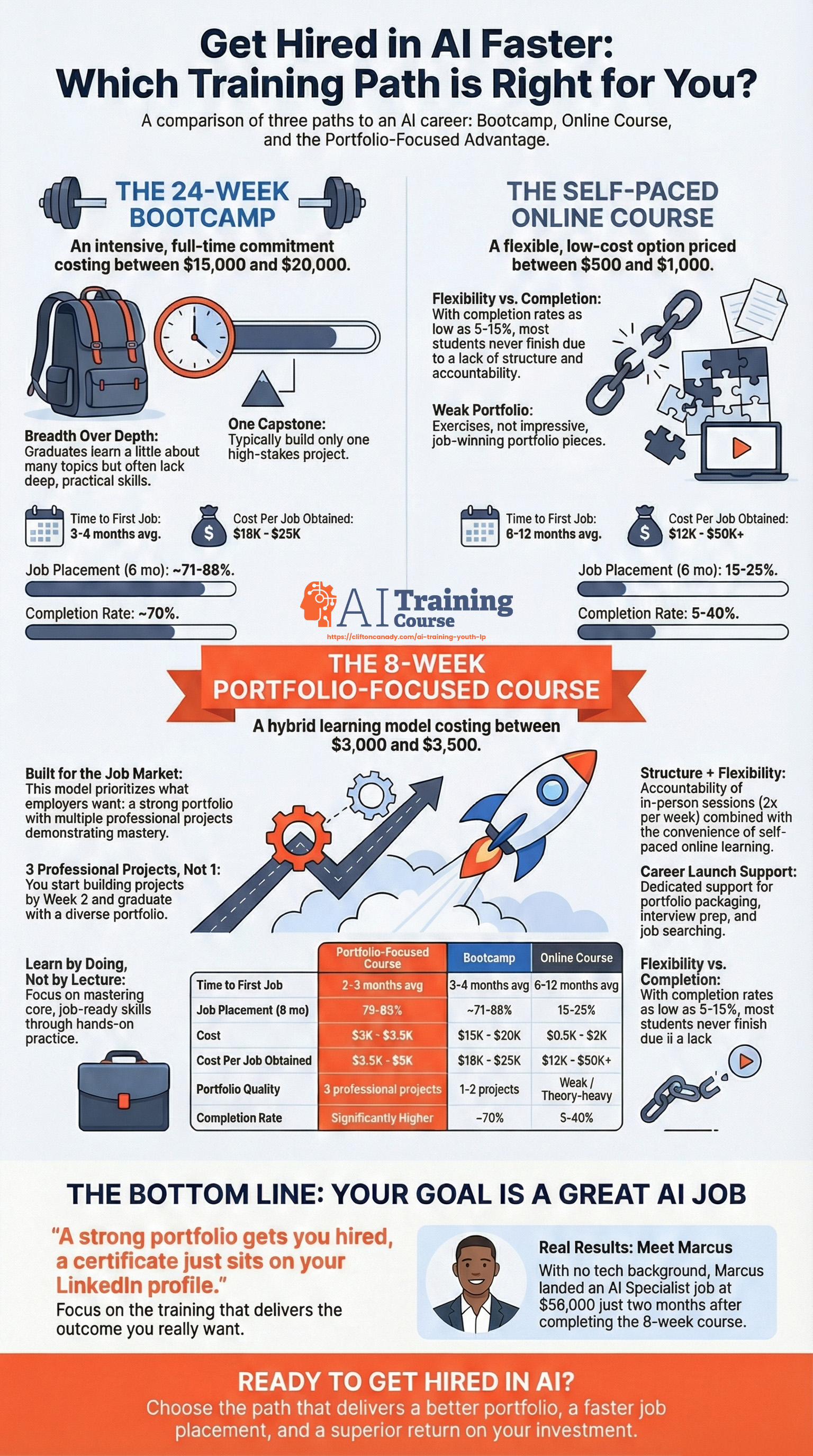 Comparison infographic showing Bootcamp vs Online Course vs Portfolio-Focused AI Training with metrics for completion rates, job placement, time to employment, starting salary, cost, cost per job, and portfolio quality